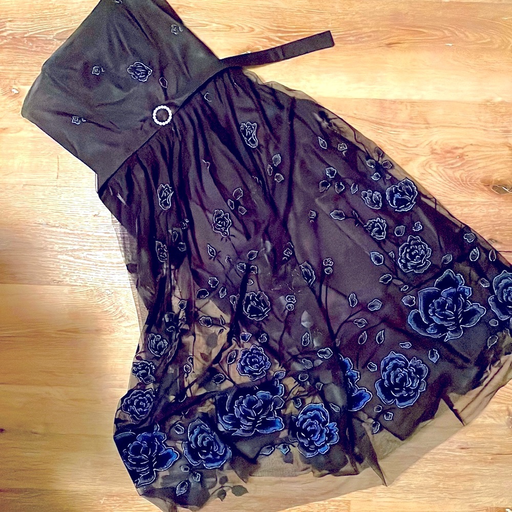 Vintage 90s Y2k black strapless prom dress blue roses goth dance 50’s retro SZ S - Picture 3 of 8